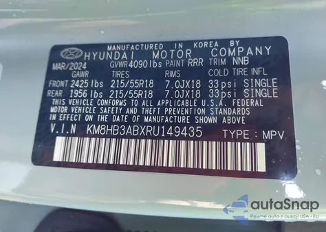 2024 Hyundai Kona Sel z USA, uszkodzony, nr VIN KM8HB3ABXRU149435